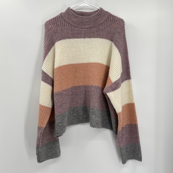 Silverflint Sweaters - Chunky Purple and Mauve mock neck striped sweater sz L (uu/0041)